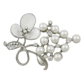 White Enamel Flower with White Pearls Brooch Pin - PRP266