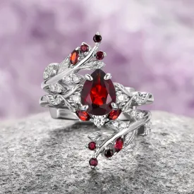 Wisteria Natural Garnet Fairy Leaf Ring- Sterling Silver (Two Piece)
