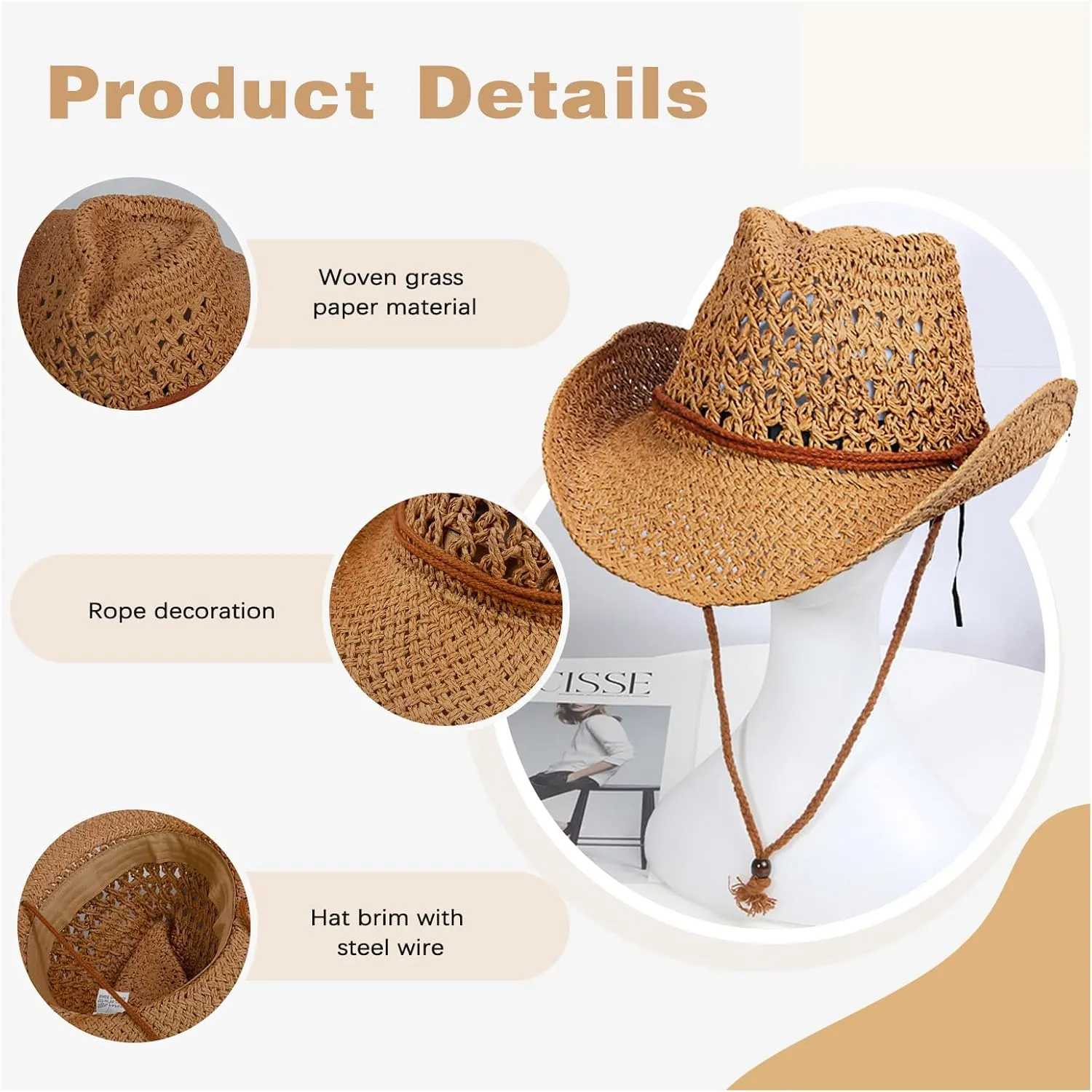 Women Straw Cowboy Hat Wide Brim Sun Hat Cowgirl Summer Western Cowboy Hat for Travel Outdoor Family Hat for Men