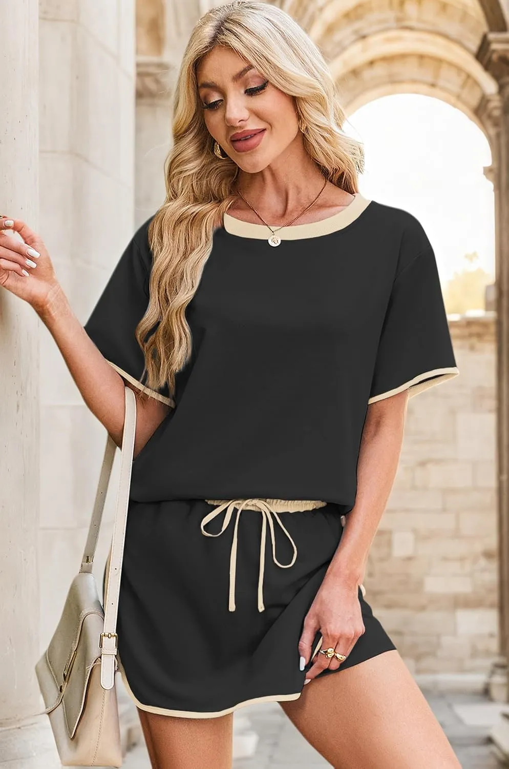 Women's 2 Piece Sets Summer Casual Short Sleeve Tops and Matching Drawstring Skort Going Out Lounge Outfits