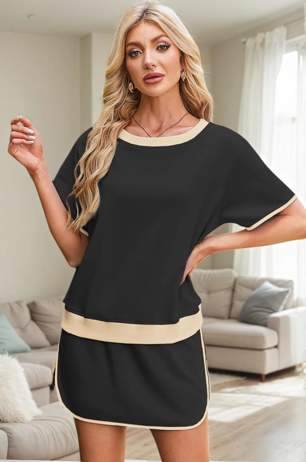 Women's 2 Piece Sets Summer Casual Short Sleeve Tops and Matching Drawstring Skort Going Out Lounge Outfits