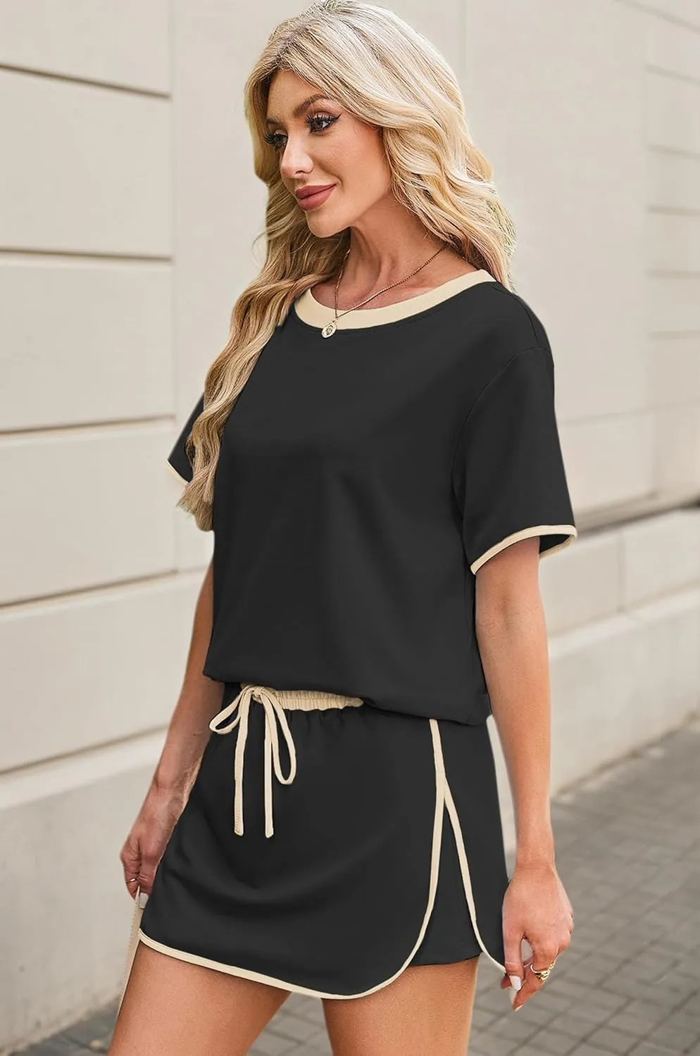 Women's 2 Piece Sets Summer Casual Short Sleeve Tops and Matching Drawstring Skort Going Out Lounge Outfits